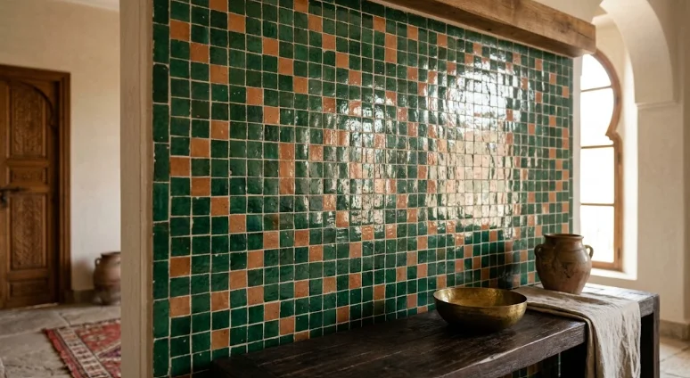 Master craftsman hand-chiseling artisanal Moroccan Zellige tile with a hammer