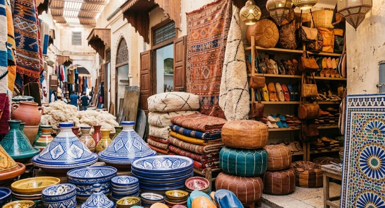 Étal d'un souk traditionnel illustrant la diversité de l'artisanat marocain avec céramiques, tapis, poufs en cuir et lanternes