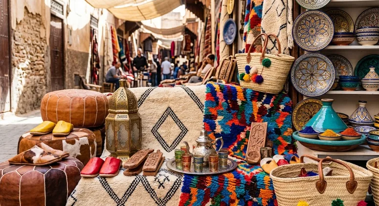 Une ruelle animée d'un souk marocain remplie de produits artisanaux marocains faits main, notamment des tapis colorés, des lanternes en laiton, des céramiques bleues, des poufs en cuir et des paniers tressés.