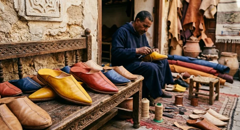 Une collection de babouches marocaines artisanales en cuir coloré exposées sur un banc en bois sculpté, avec un artisan cousant une babouche jaune à l'arrière-plan.