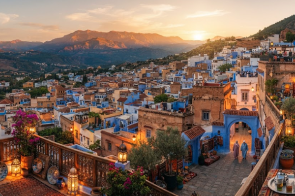 Cinematic panoramic view of a golden Moroccan medina at sunset with vibrant blue and terracotta details, showcasing the safety, warmth, and welcoming atmosphere for travel in Morocco.