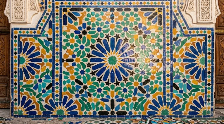 Artisan Maâlem taillant à la main des carreaux de zellige émaillés dans un atelier traditionnel à Fès