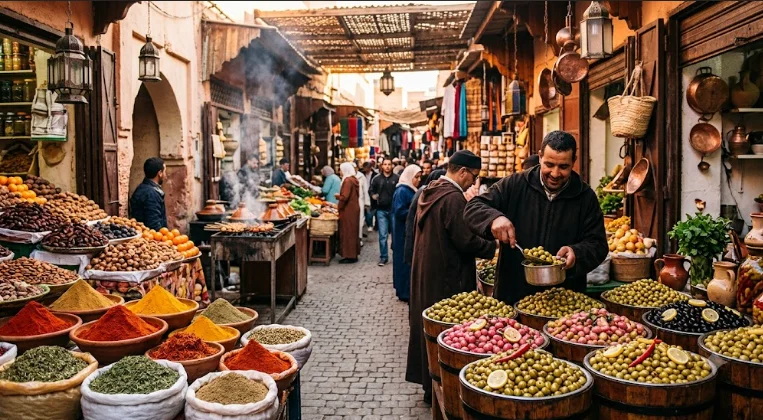 Vibrant stalls filled with colorful spices and barrels of olives inside the bustling Marrakech food markets.