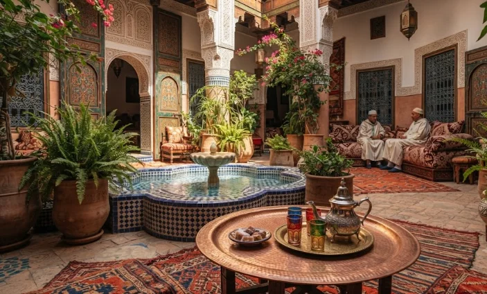 Intérieur paisible d'un riad traditionnel marocain avec un patio lumineux, une fontaine en zellige et un service à thé, illustrant la tranquillité et la sécurité au Maroc.