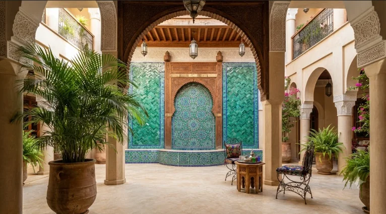  Zellige ou faïence  Un patio marocain traditionnel avec un mur d'accent en carreaux de zellige vert émeraude et bleu, comparé à de la faïence classique.
