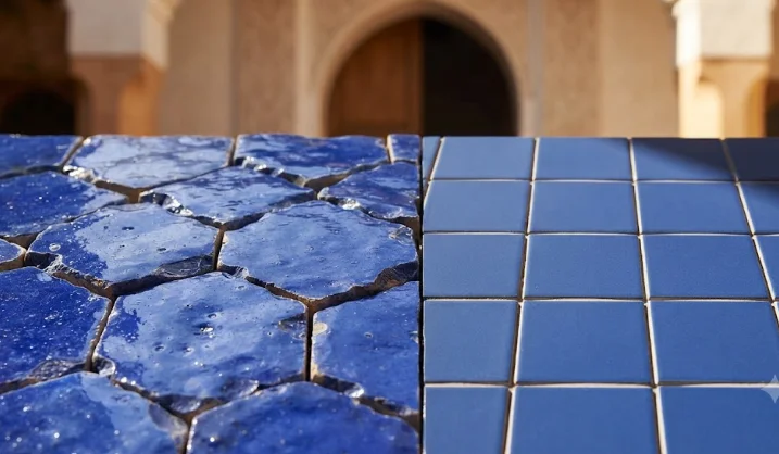 Zellige ou faïence Comparaison entre les carreaux de zellige bleus artisanaux et réfléchissants et les carreaux de faïence bleus uniformes