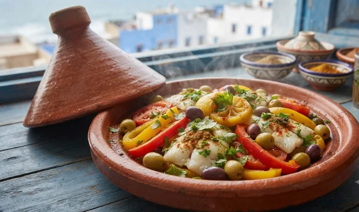 Un tagine marocain de poisson vibrant et fumant avec des légumes colorés et du citron confit, posé sur une table en bois bleue face à la mer.