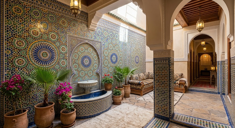 Full patio wall adorned with intricate traditional Moroccan zellige mosaic patterns and a built-in wall fountain in a luxury villa.