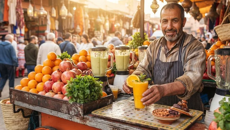 Un vendeur souriant sur un marché marocain animé, préparant une boisson marocaine fraîche à base d'oranges et de fruits, entouré d'étals colorés.