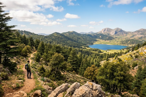 Un randonneur admirant un panorama exceptionnel sur un lac et une forêt de cèdres lors d'un trek Moyen Atlas au Maroc.