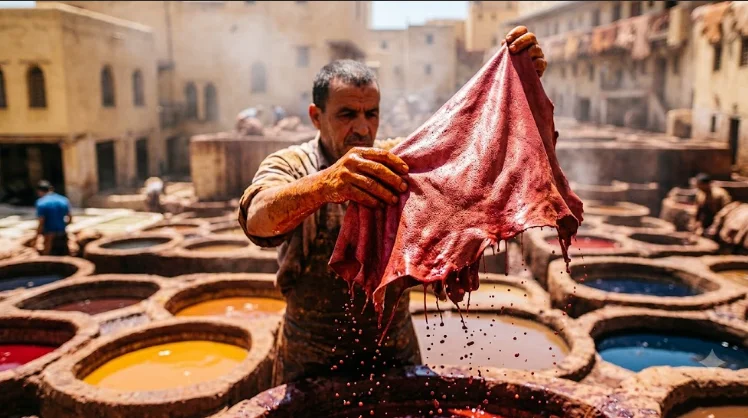 Close-up of an artisan lifting a freshly dyed crimson hide over the colorful stone vats at the Fez tanneries in Morocco.