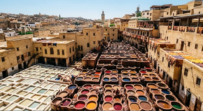 Vue aérienne historique des tanneries de Fès (Chouara) au Maroc, montrant les rangées de cuves en pierre colorées et les artisans travaillant le cuir dans la médina.