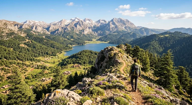 Randonneur marchant sur une crête rocheuse surplombant un lac alpin et une forêt dense au cours d'un trek Moyen Atlas au Maroc.
