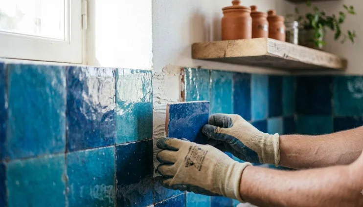 Close-up of a craftsman's gloved hands precisely installing artisanal blue Moroccan Zellige tile on a wall.