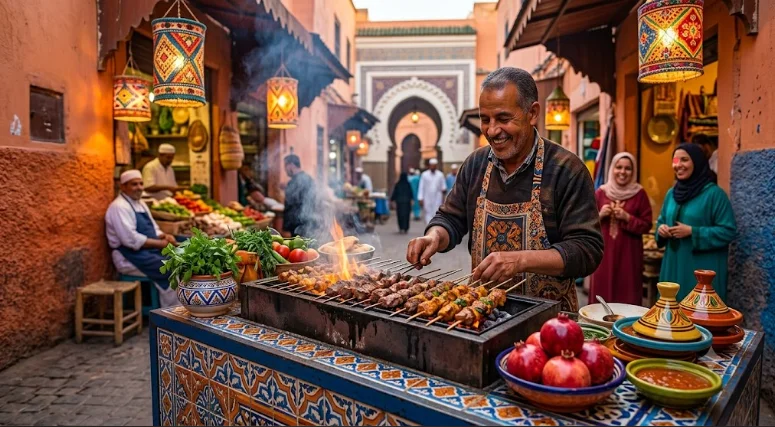 Photographie de rue d'un étal de nourriture avec un tagine fumant, du pain plat et des bols d'épices au crépuscule, illustrant où et comment manger à Marrakech.