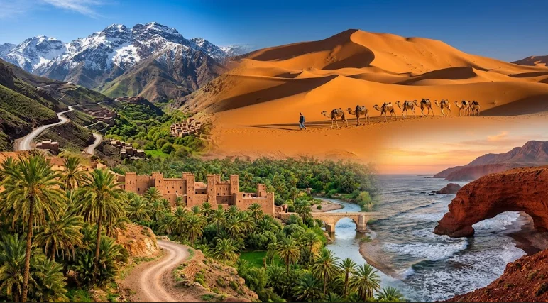 Découvrez des paysages du Maroc spectaculaires en une seule vue : randonnée dans les montagnes enneigées, méharée dans le désert, détente dans une oasis de palmeraie, et vues sur les arches côtières au bord de l'océan.