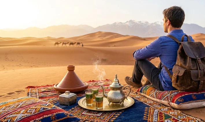Voyageur assis sur un tapis traditionnel dans le désert du Sahara, observant une caravane de chameaux avec un service à thé à la menthe fumant au premier plan. Illustration parfaite d'une expérience authentique pour un premier voyage au Maroc.