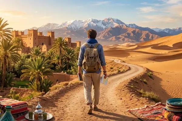 Un voyageur de dos avec sac à dos marche sur un chemin vers une kasbah, des palmiers, des dunes du désert du Sahara et des montagnes de l'Atlas enneigées. Scène parfaite pour inspirer un premier voyage au Maroc.