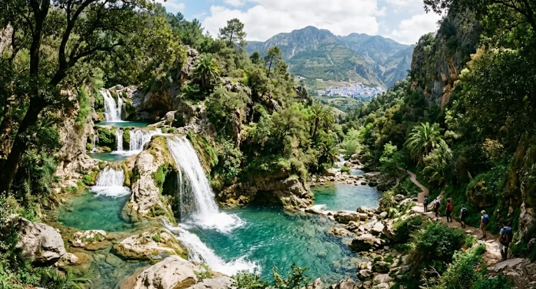 Sentier de randonnée verdoyant menant aux magnifiques bassins turquoise des cascades d'Akchour dans le Rif, illustrant la diversité des paysages du Maroc. Des randonneurs sont visibles sur le chemin.