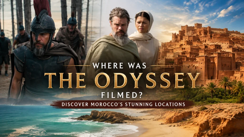 Affiche de The Odyssey avec Aït Ben Haddou et les principaux lieux de tournage au Maroc.