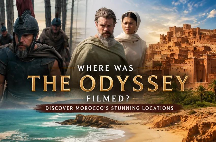 Affiche de The Odyssey avec Aït Ben Haddou et les principaux lieux de tournage au Maroc.